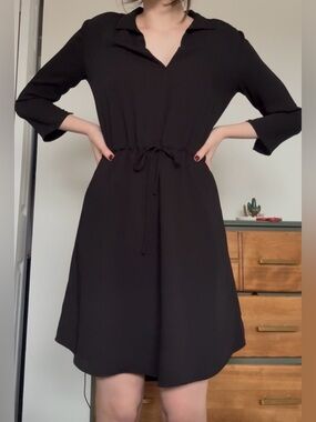 Babaton Black Long-Sleeve Drawstring Shirt Dress